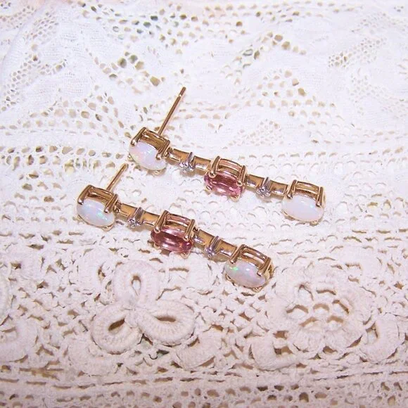 14K Gold Opal Diamond and Pink Tourmaline Dangle Drop Earrings - Posts with Nuts - Picture 8 of 11